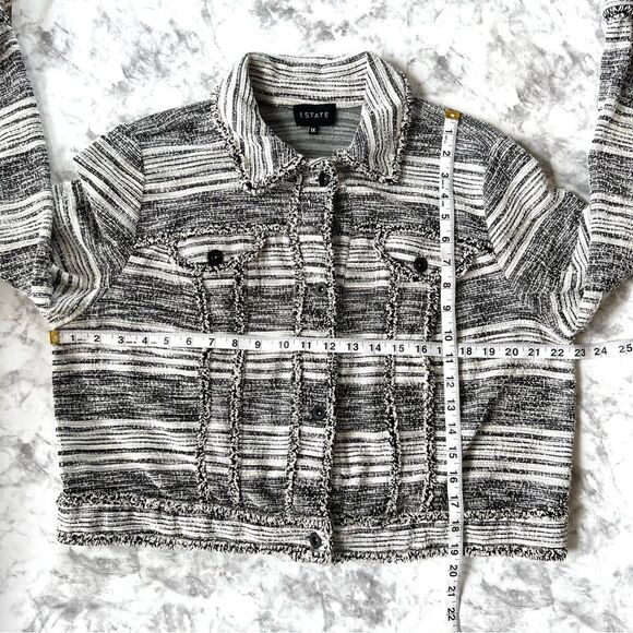 1. State Black Cream Fringe Tweed Button Front Long Sleeve Blazer Jacket - Picture 15 of 15